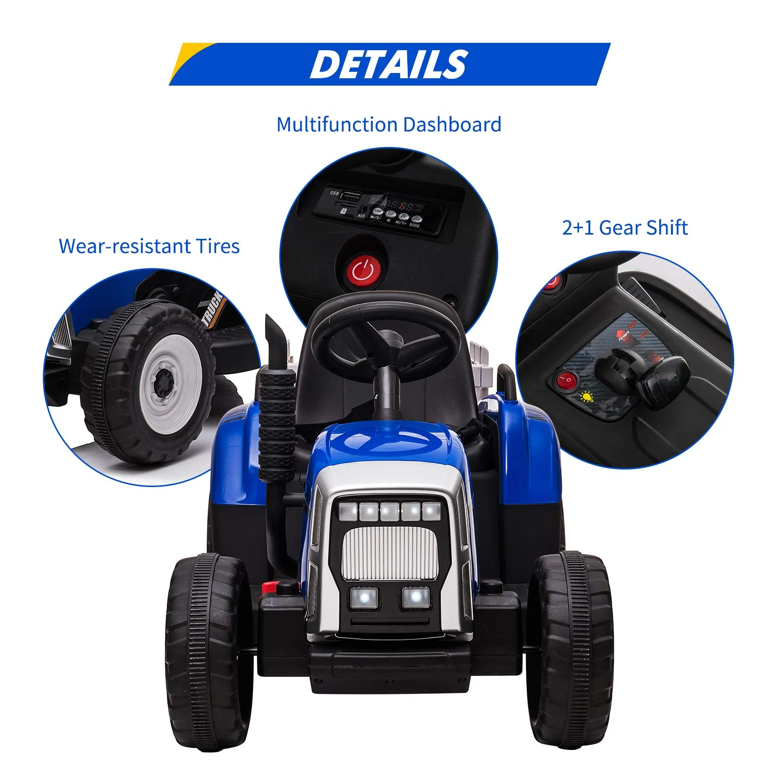 12V Kids Ride On Track,Battery Powered Electric Tractor with Trailer, Treaded Tires with Dual 25W Motors/RC, 7-LED Lights,MP3 Audio-Blue - Image 6