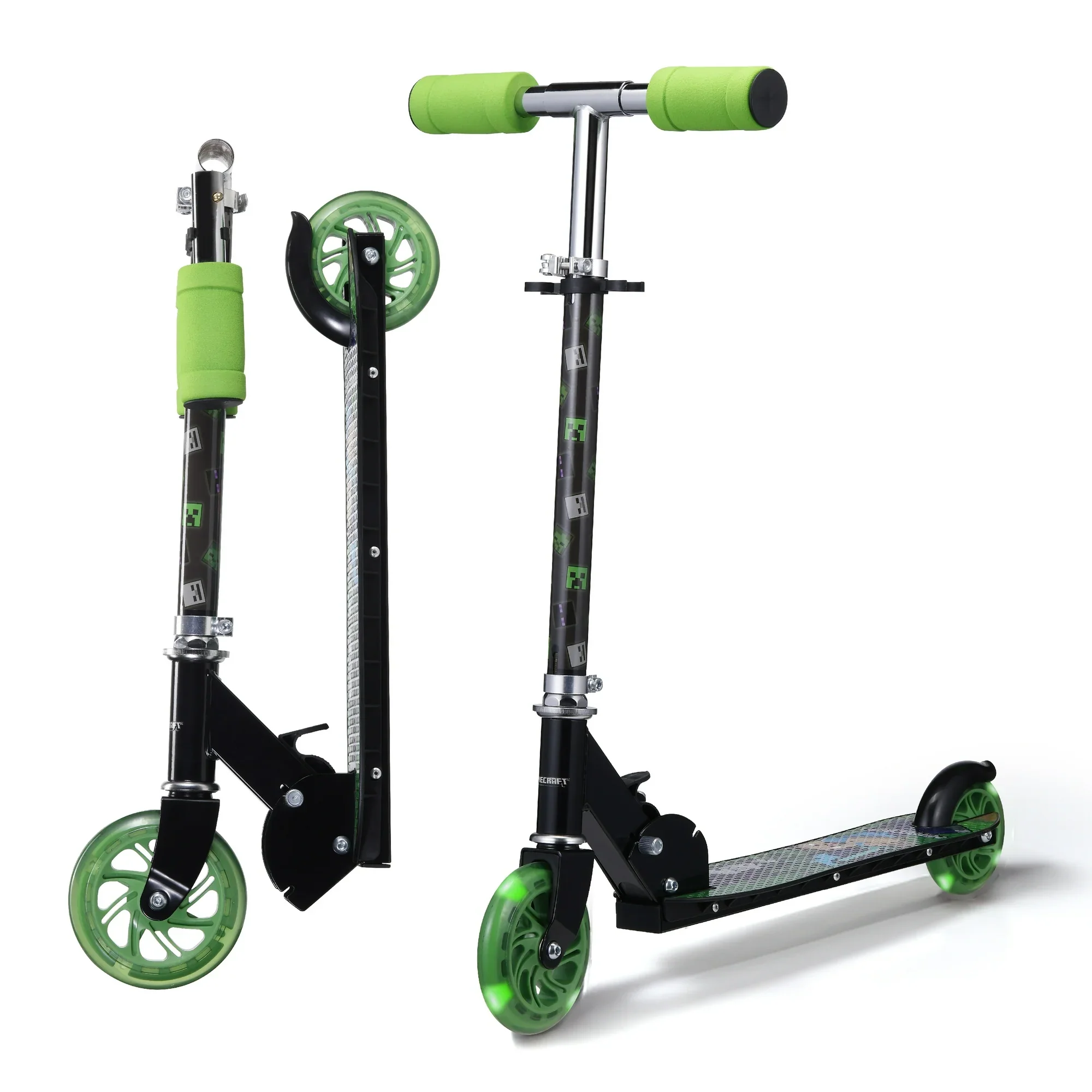 2-Wheel Minecraft Kick Scooter with Light-up Wheels, Foldable Scooter for Kids, Green - Image 5