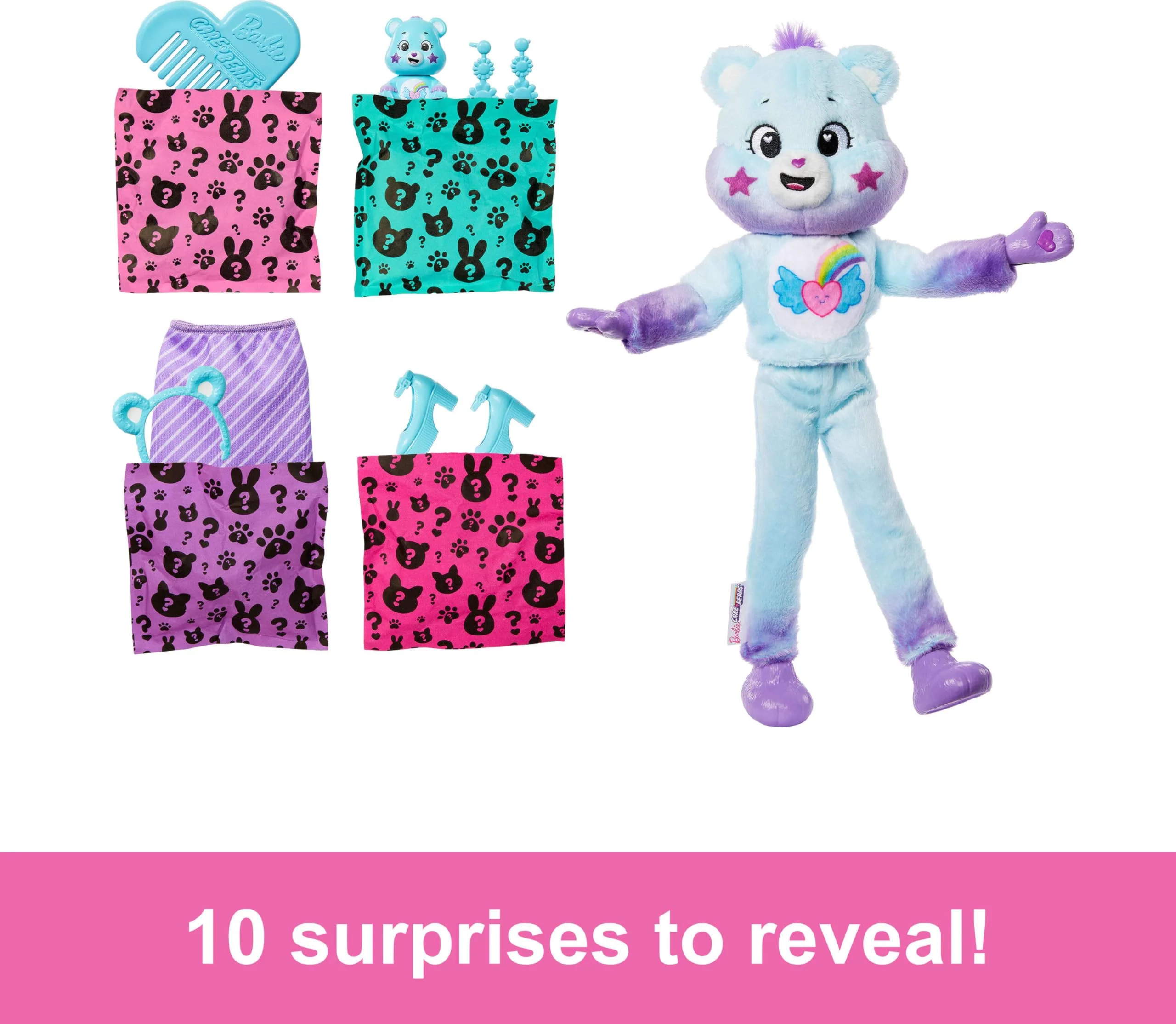 Barbie Cutie Reveal Care Bears Doll & Accessories, Series 2 Dream Bright Bear with 10 Surprises Including Color Change & Mini Bear - Image 7