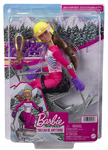 Barbie Winter Sports para Alpine Skier Brunette Doll with Shirt, Pants, Helmet, Gloves, Pole, Sit Ski & Trophy