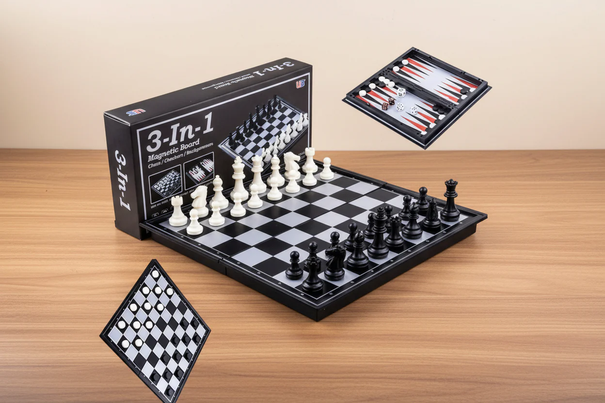 Board Game Magnetic 3 in 1 Kids and Adult, Folding Portability Travel Chess Set - Image 2