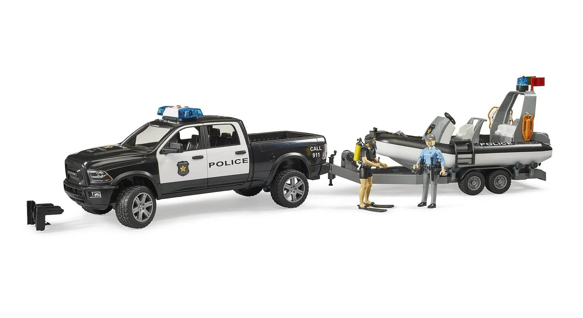 Bruder RAM 2500 Police Pickup with L + S Module Trailer, Boat and 2 Figures