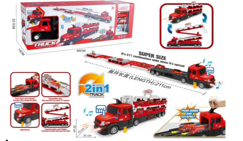 Extra large folding Transforming light music fire Slide rail catapult storage truck (with 2pcs DIE CAST CAR_8 road signs)