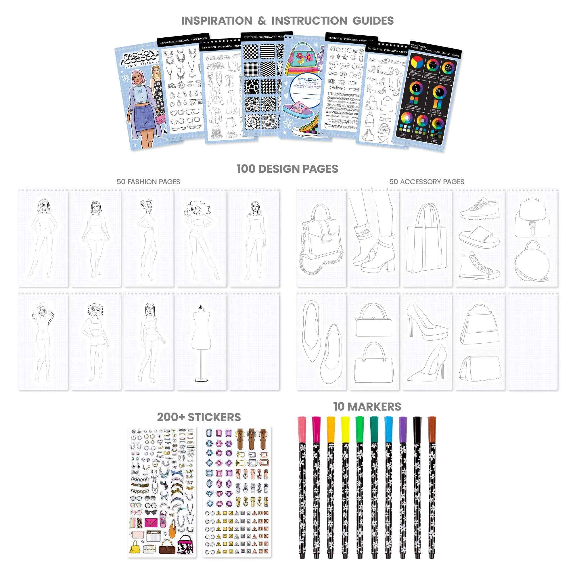 Fashion Angels Fashion & Accessory Design Sketch Set, Includes Sketch Pad with Stickers & Markers, Ultimate Fashion Design Sketch Book for Girls - Image 4