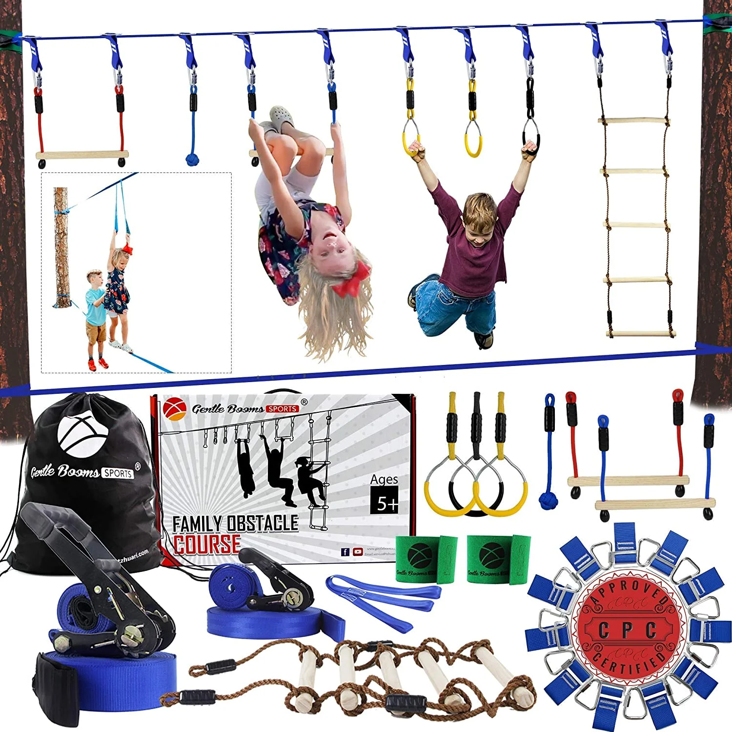 Ninja Warrior Obstacle Course for Kids, 65 FT Durable Slackline with 7 Obstacles-Swings, Monkey Bars, Arm Trainers and More, Weatherproof Outdoor Obstacle Course for Backyard, Gym, Field,3+ Years Old