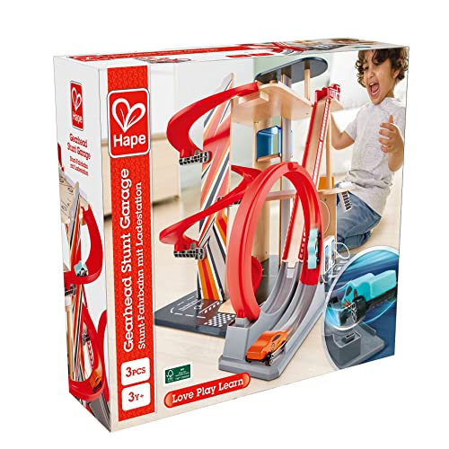 Garage Kids Wooden Toy, Hape Gearhead Stunt Car Parking Garage Playset w/ Elevator and 2 Exit Tracks, Detachable Loop - Image 13