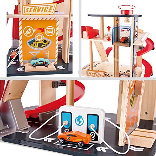 Garage Kids Wooden Toy, Hape Gearhead Stunt Car Parking Garage Playset w/ Elevator and 2 Exit Tracks, Detachable Loop - Image 15