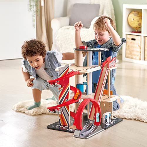 Garage Kids Wooden Toy, Hape Gearhead Stunt Car Parking Garage Playset w/ Elevator and 2 Exit Tracks, Detachable Loop - Image 16