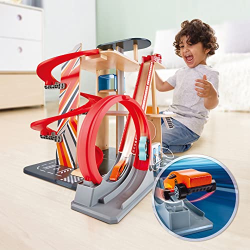 Garage Kids Wooden Toy, Hape Gearhead Stunt Car Parking Garage Playset w/ Elevator and 2 Exit Tracks, Detachable Loop - Image 17