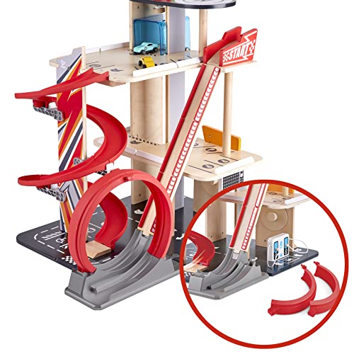 Garage Kids Wooden Toy, Hape Gearhead Stunt Car Parking Garage Playset w/ Elevator and 2 Exit Tracks, Detachable Loop - Image 18