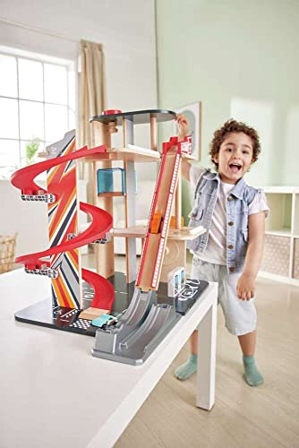Garage Kids Wooden Toy, Hape Gearhead Stunt Car Parking Garage Playset w/ Elevator and 2 Exit Tracks, Detachable Loop - Image 5