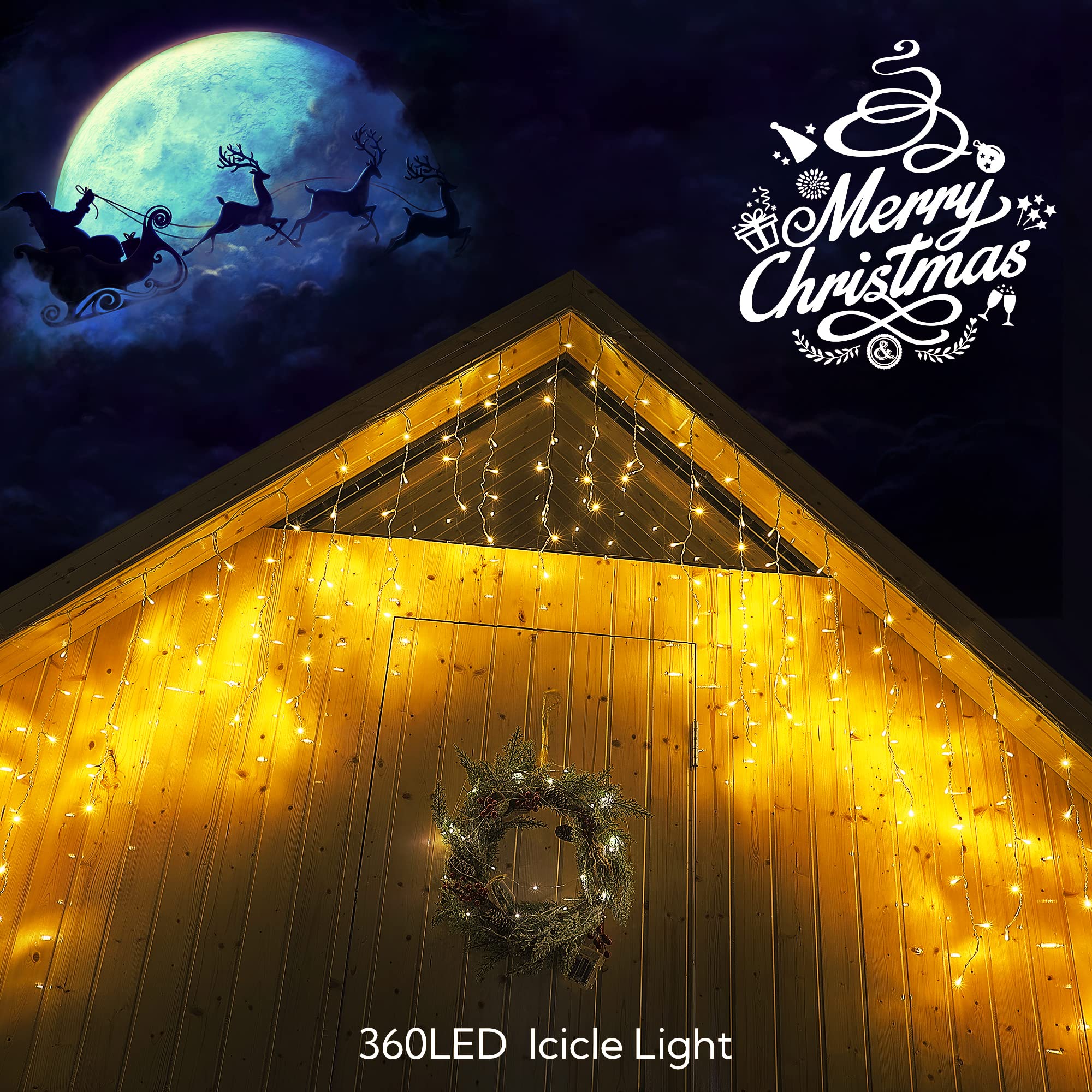 32 FT 360 LED Christmas Icicle Lights Outdoor Waterproof, 8 Modes Plug in Curtain String LIghts With 60 Drops,Christmas Lights for Wedding, Party ,Bedroom, Home, Garden ,Wall Decorations(Warm White) - Image 2