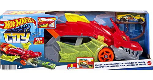 Hot Wheels City Dragon Launch Transporter, Spits Toy Cars From Its Mouth, Connects To Other Sets, Holds Up To 5 Toy Vehicles, Includes 1 Hot Wheels