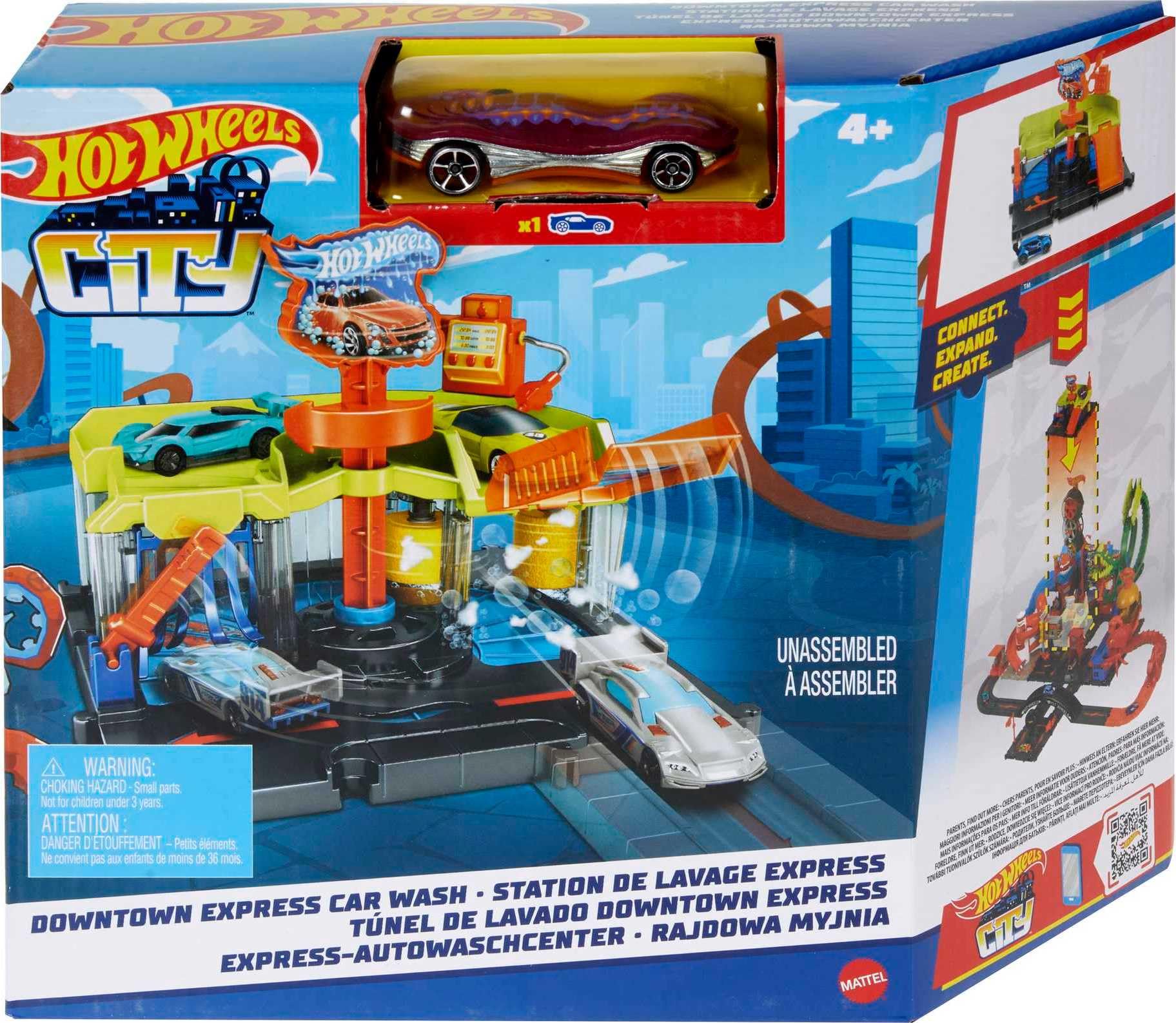 Hot Wheels City Toy Track Set, Downtown Express Car Wash Playset with 1:64 Scale Vehicle, Foam Roller & Drying Flaps - Image 2