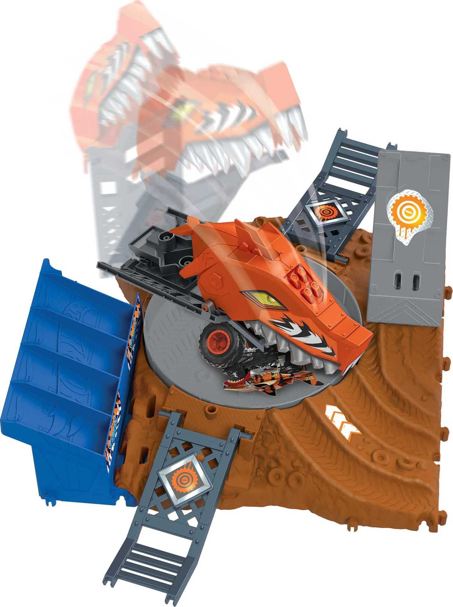 Hot Wheels Monster Trucks Arena Smashers Tiger Shark Spin-Out Challenge with a 1:64 Scale Tiger Shark and 2 Crushable Cars - Image 7