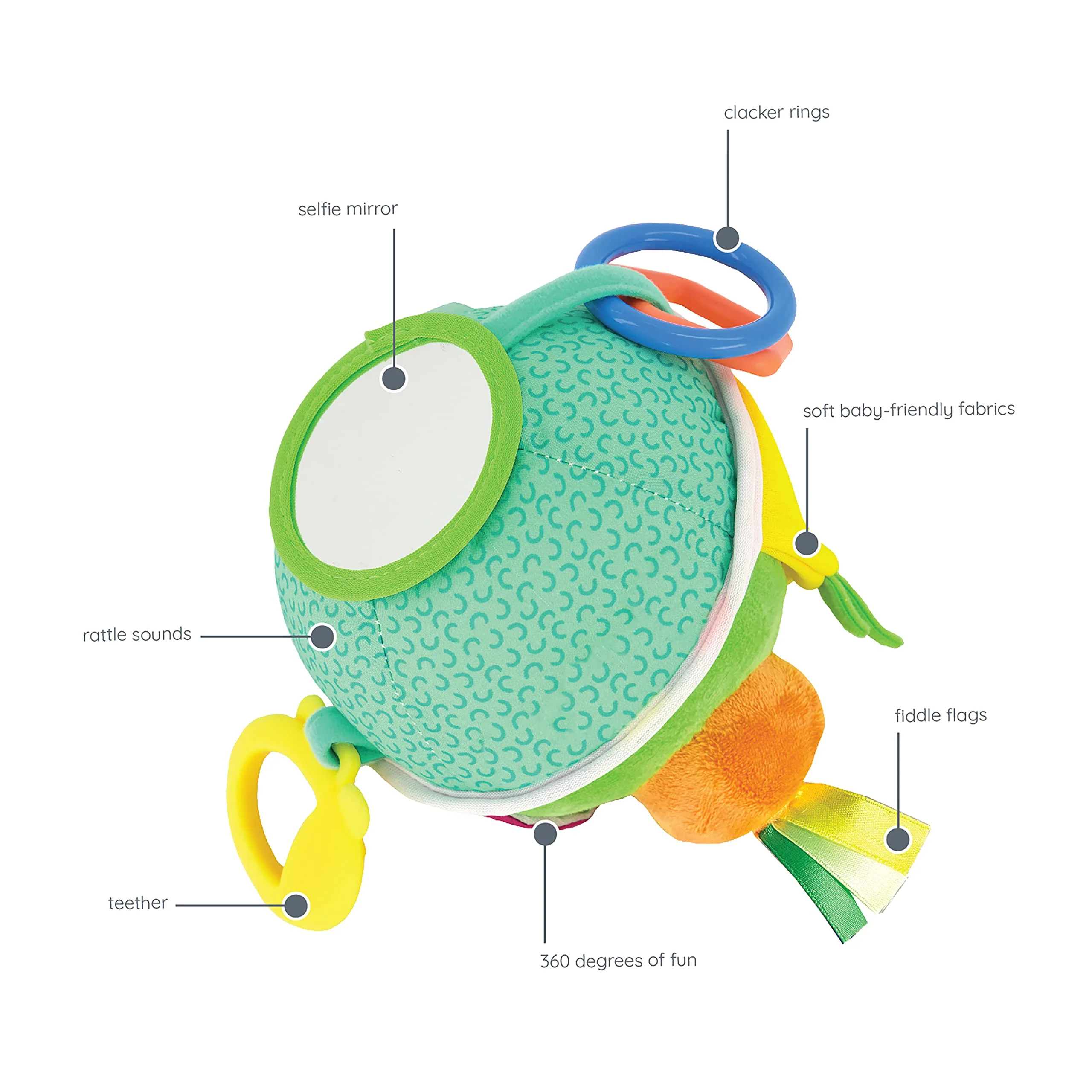 Infantino Busy Lil’ Sensory Ball - 9 Activities, Teether, Selfie Mirror, Rattle Sounds, Encourages Fine and Gross Motor Skill Development, for Babies 3M+ - Image 4