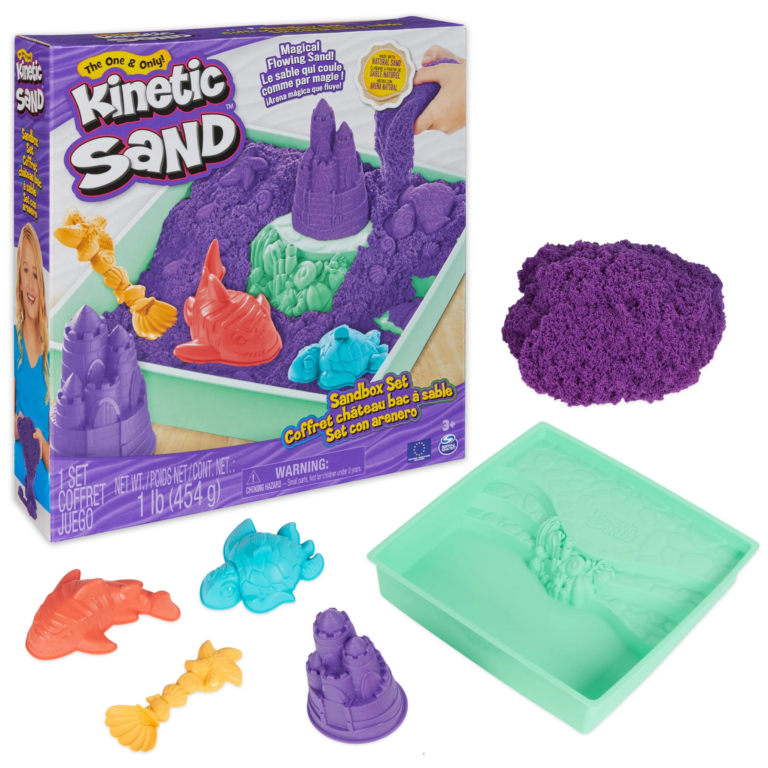 Kinetic Sand, Sandbox Set, Creative Easter Gifts, Includes 1lb Purple Moldable Play Sand, 4 Tools & Molds, Storage, Sensory Toys for Kids Ages 3 and up