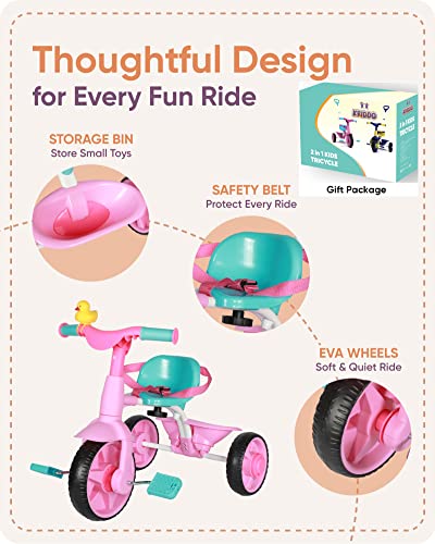 KRIDDO 2 in 1 Kids Tricycles Age 18 Month to 3 Years, EVA Wheels Upgraded, Gift, Trikes for Toddlers 2 to 3 Year Old with Push Handle and Duck Bell, Pink - Image 3