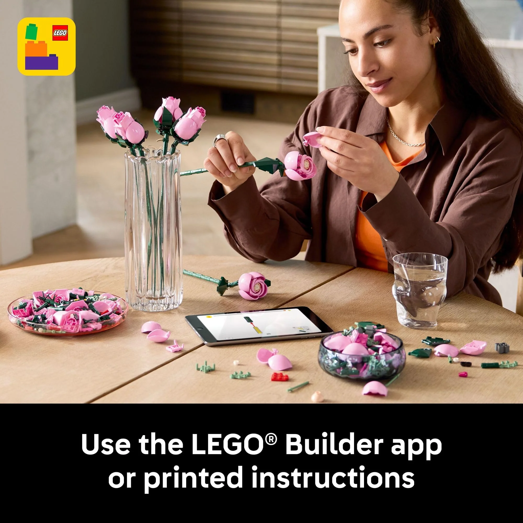 LEGO Botanicals Bouquet of Pink Roses Artificial Flowers - Building Blocks for Adults, Ages 18+ - Flowers for Home Office, Shelf or Room Decor - Image 7