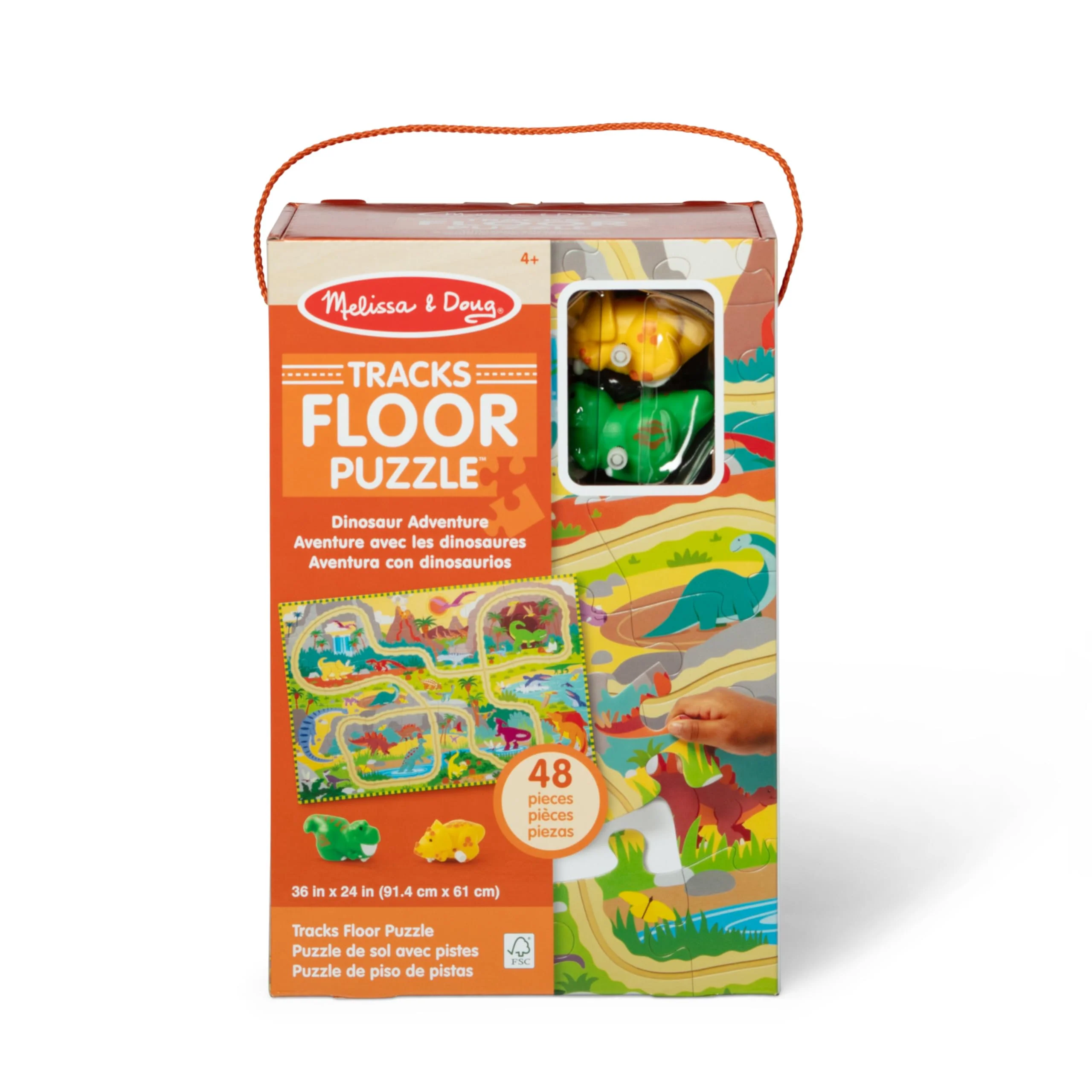 Melissa & Doug Dinosaur Adventure Tracks Cardboard Jigsaw Floor Puzzle and 2 Wind-Up Dinos – 48 Pieces, for Boys and Girls 3+