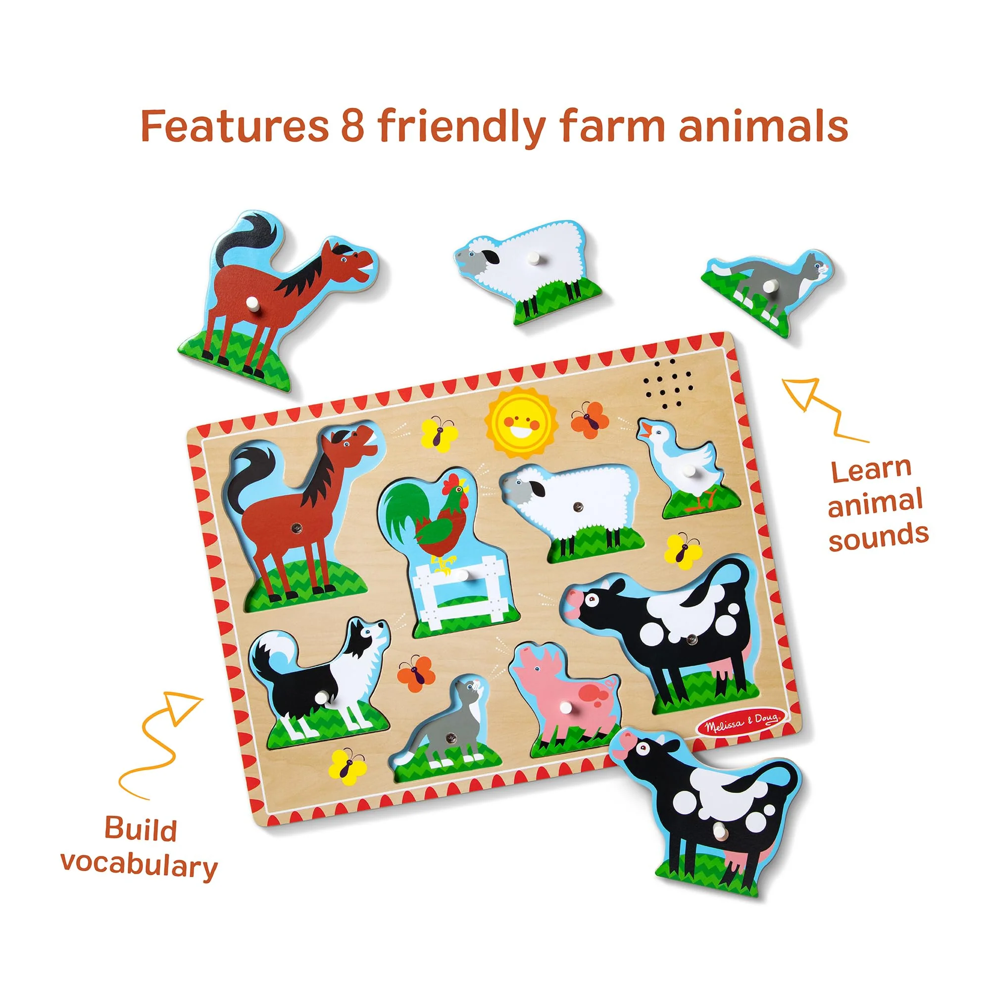 Melissa & Doug Farm Animals Sound Puzzle - Wooden Peg Puzzle with Sound Effects (8 pcs) - Image 7