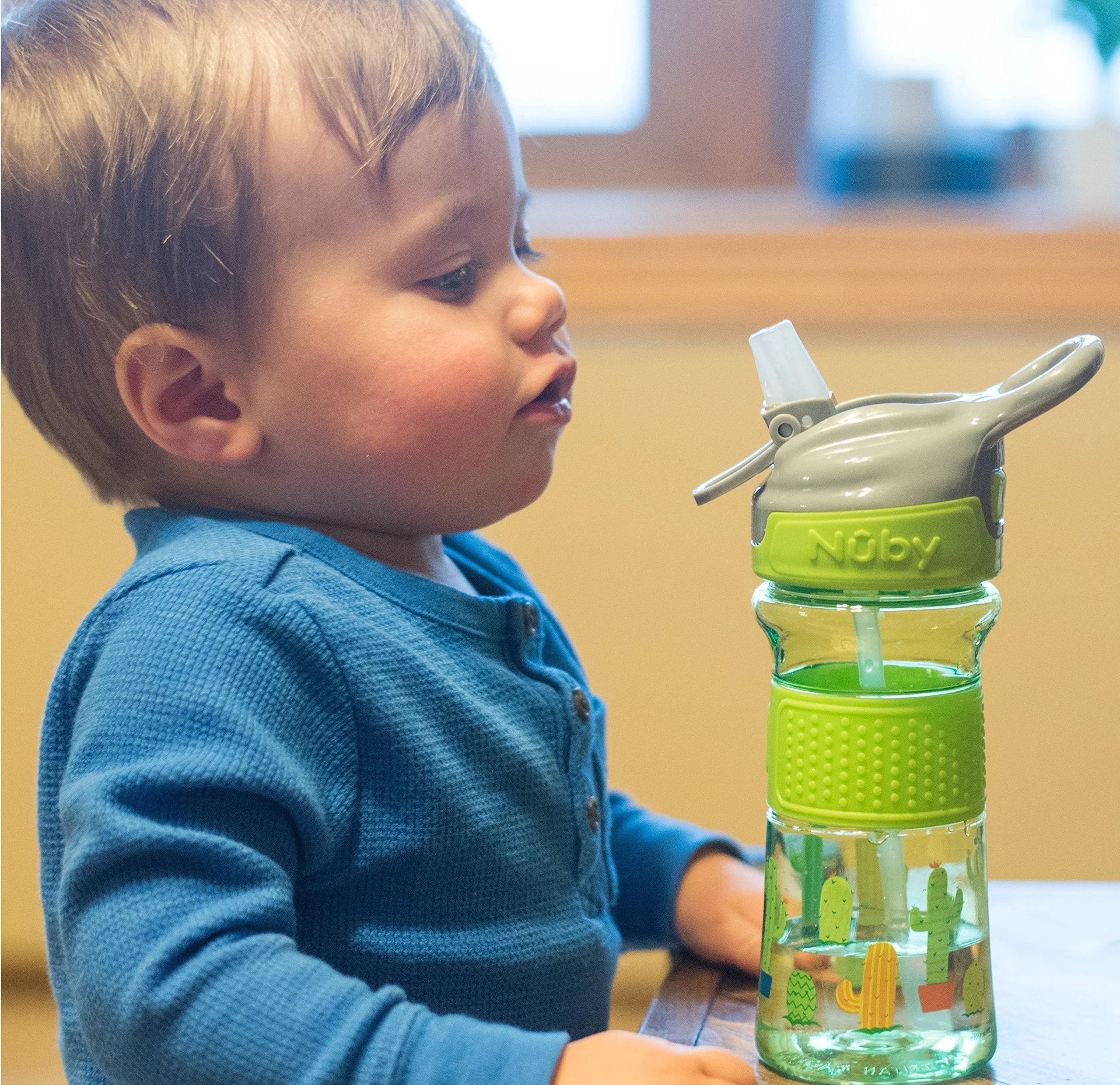 Nuby Thirsty Kids Push Button Flip-it Soft Spout on The Go Water Bottle 12 Ounce - Image 3