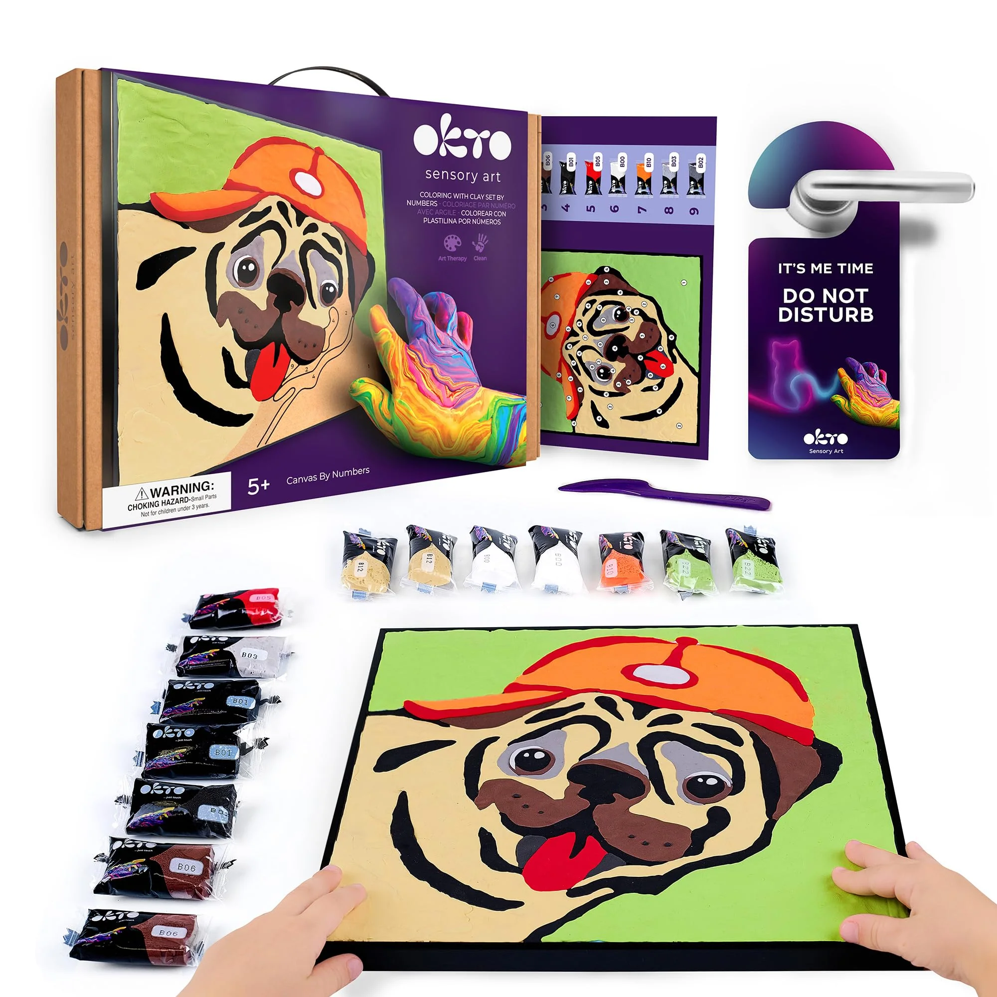 Okto Paint by Numbers for Children - Kid's Paint by Numbers Kits with Air Dry Clay, Unique 2D Wall Art, Sensory Canvas, Pug Themed, Framed Animal Kit for Age 5+