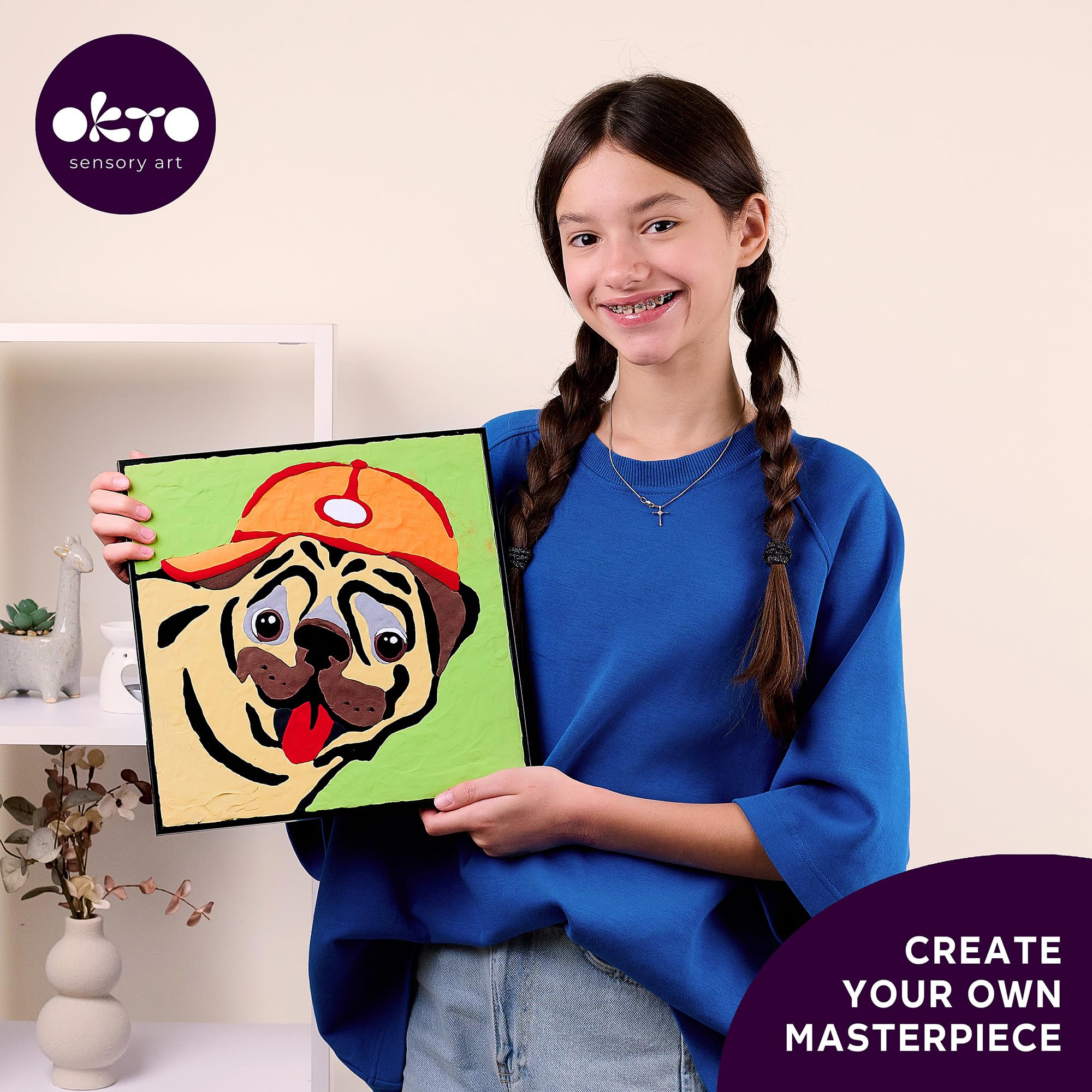Okto Paint by Numbers for Children - Kid's Paint by Numbers Kits with Air Dry Clay, Unique 2D Wall Art, Sensory Canvas, Pug Themed, Framed Animal Kit for Age 5+ - Image 4