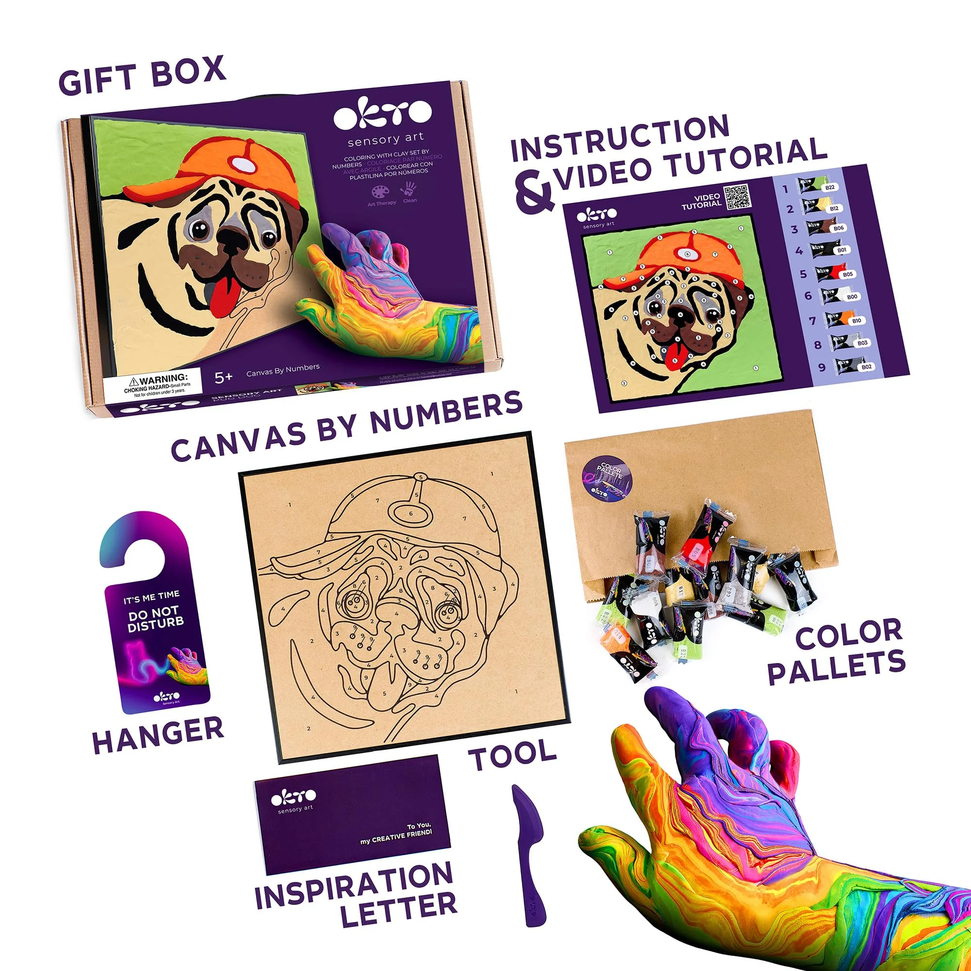 Okto Paint by Numbers for Children - Kid's Paint by Numbers Kits with Air Dry Clay, Unique 2D Wall Art, Sensory Canvas, Pug Themed, Framed Animal Kit for Age 5+ - Image 8