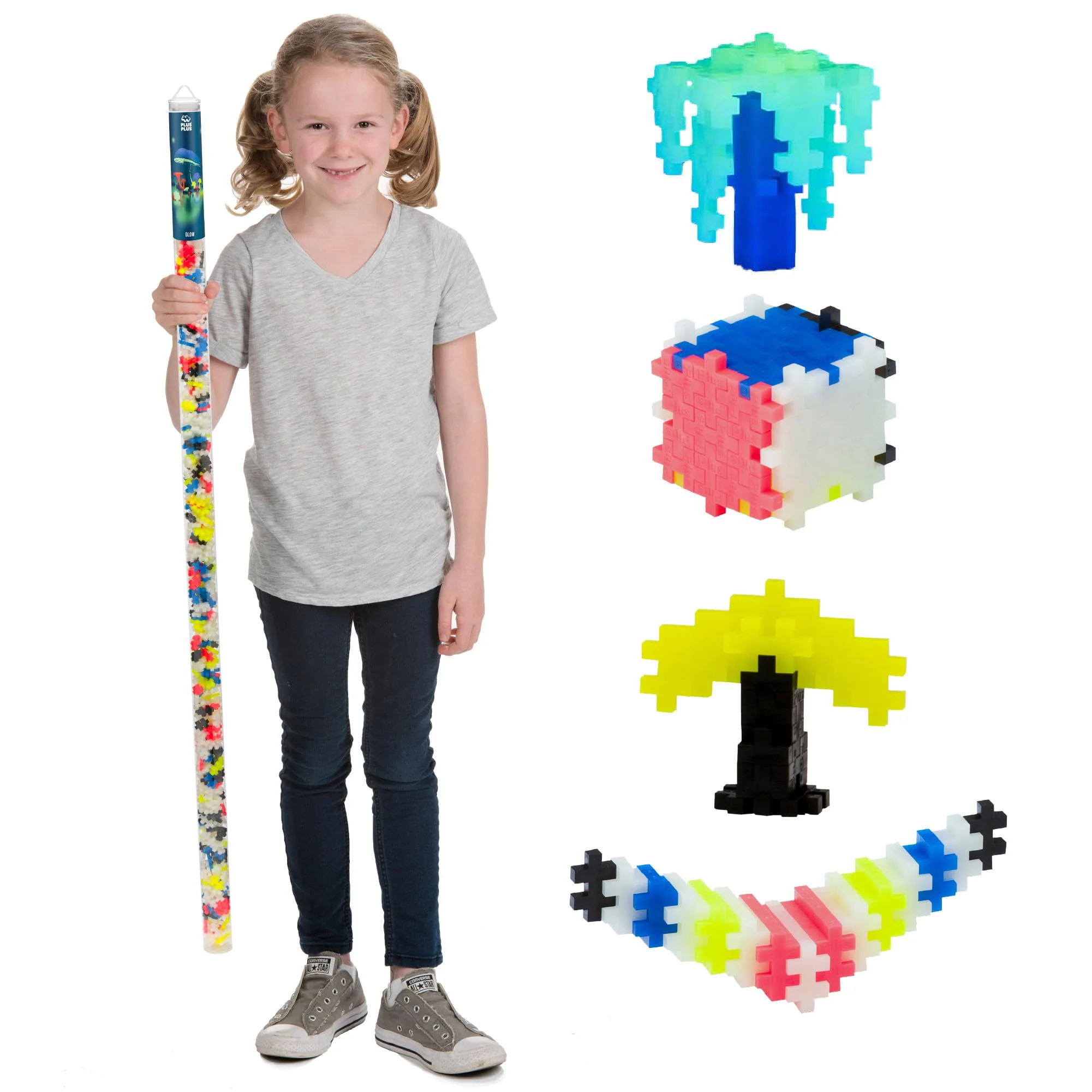 Plus Plus 510 Piece Super Tube, Interlocking Building Block 3D Puzzle Kit, Kids Stem Connecting Toys - Glowing Color Mix
