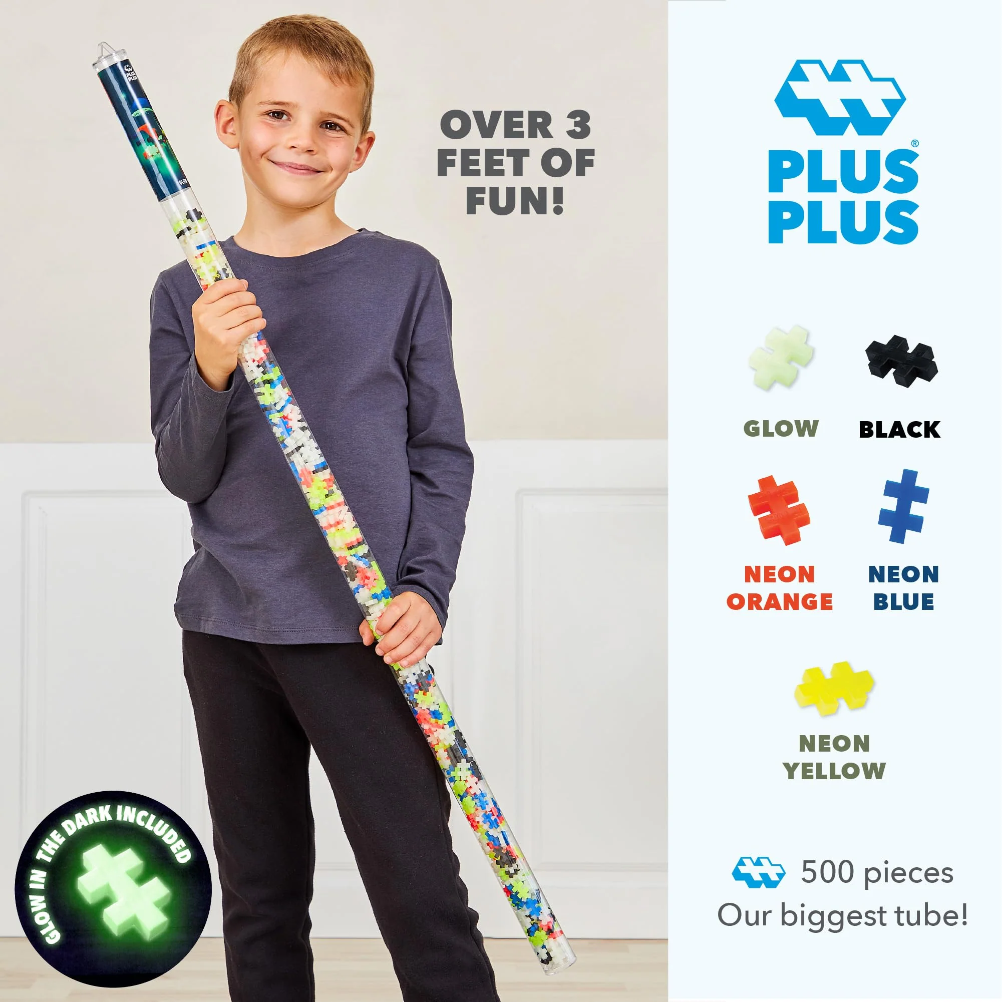 Plus Plus 510 Piece Super Tube, Interlocking Building Block 3D Puzzle Kit, Kids Stem Connecting Toys - Glowing Color Mix - Image 9
