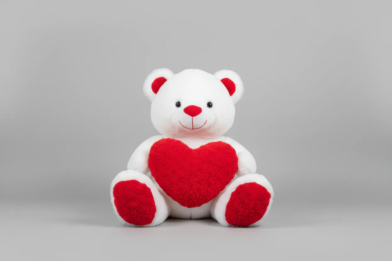 Plush Toy, White Teddy Bear Holding a Red Rosette Heart