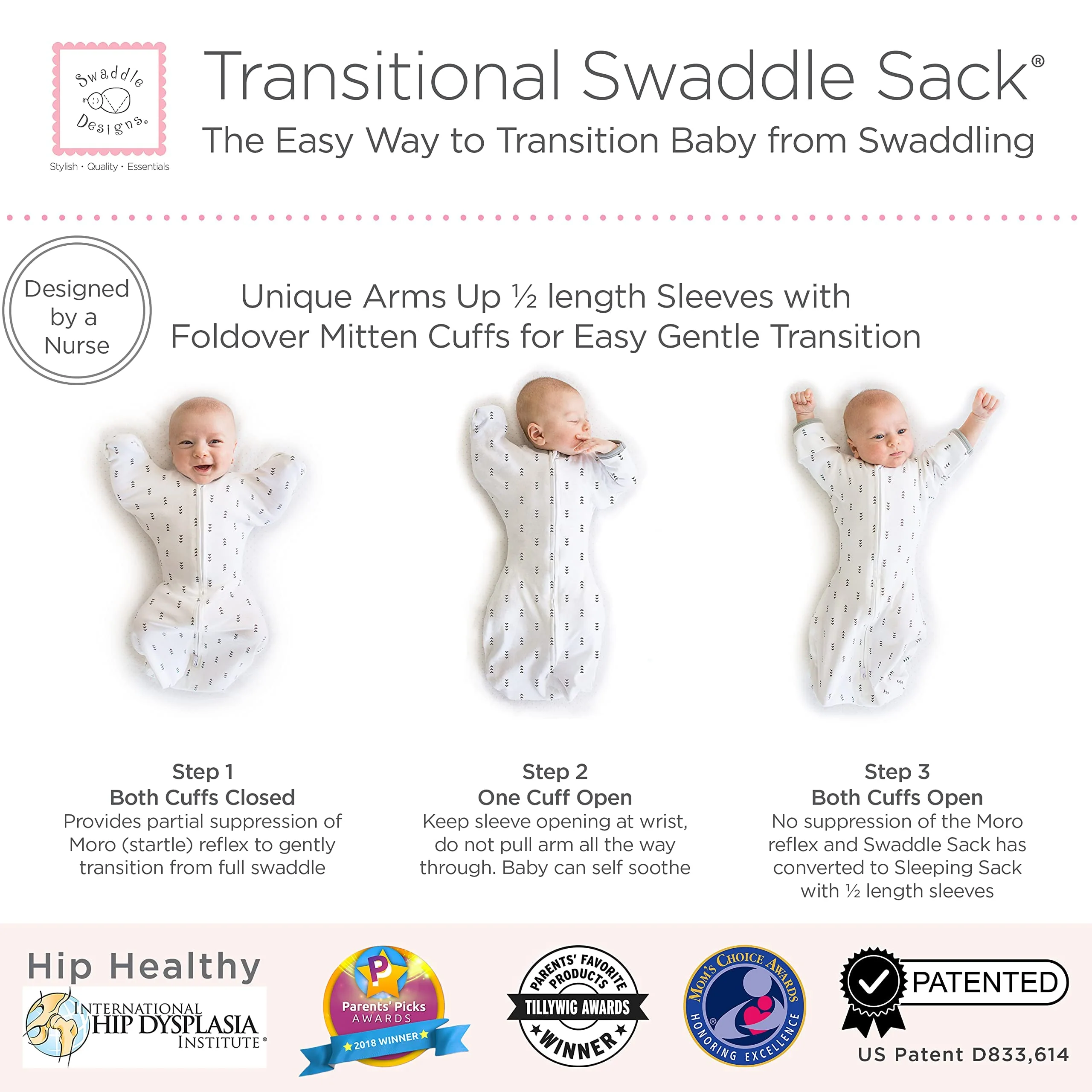 SwaddleDesigns Transitional Swaddle Sack with Arms Up Half-Length Sleeves and Mitten Cuffs, Tiny Triangles, Pink, Medium, 3-6mo, 14-21 lbs - Image 10