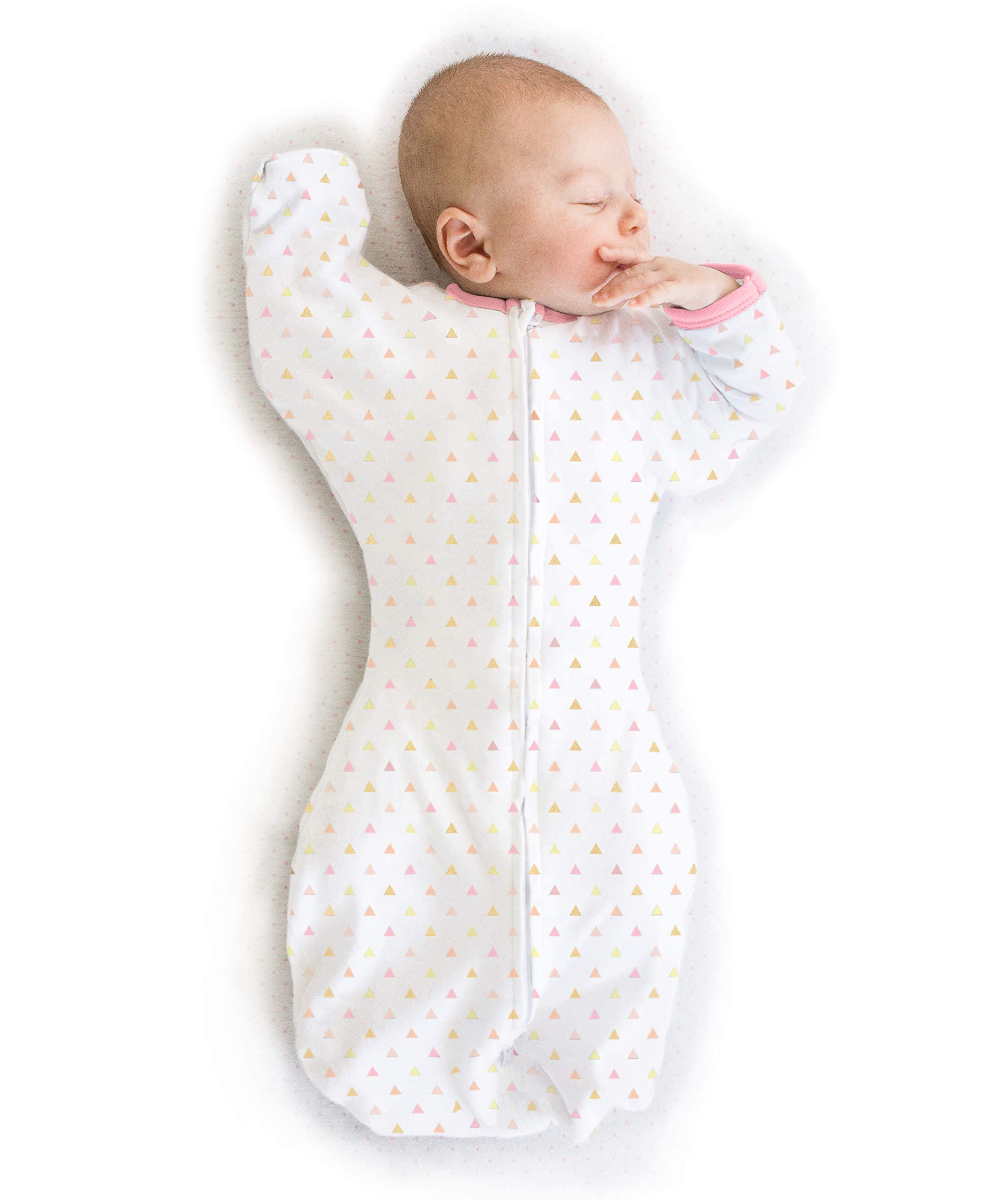 SwaddleDesigns Transitional Swaddle Sack with Arms Up Half-Length Sleeves and Mitten Cuffs, Tiny Triangles, Pink, Medium, 3-6mo, 14-21 lbs - Image 2