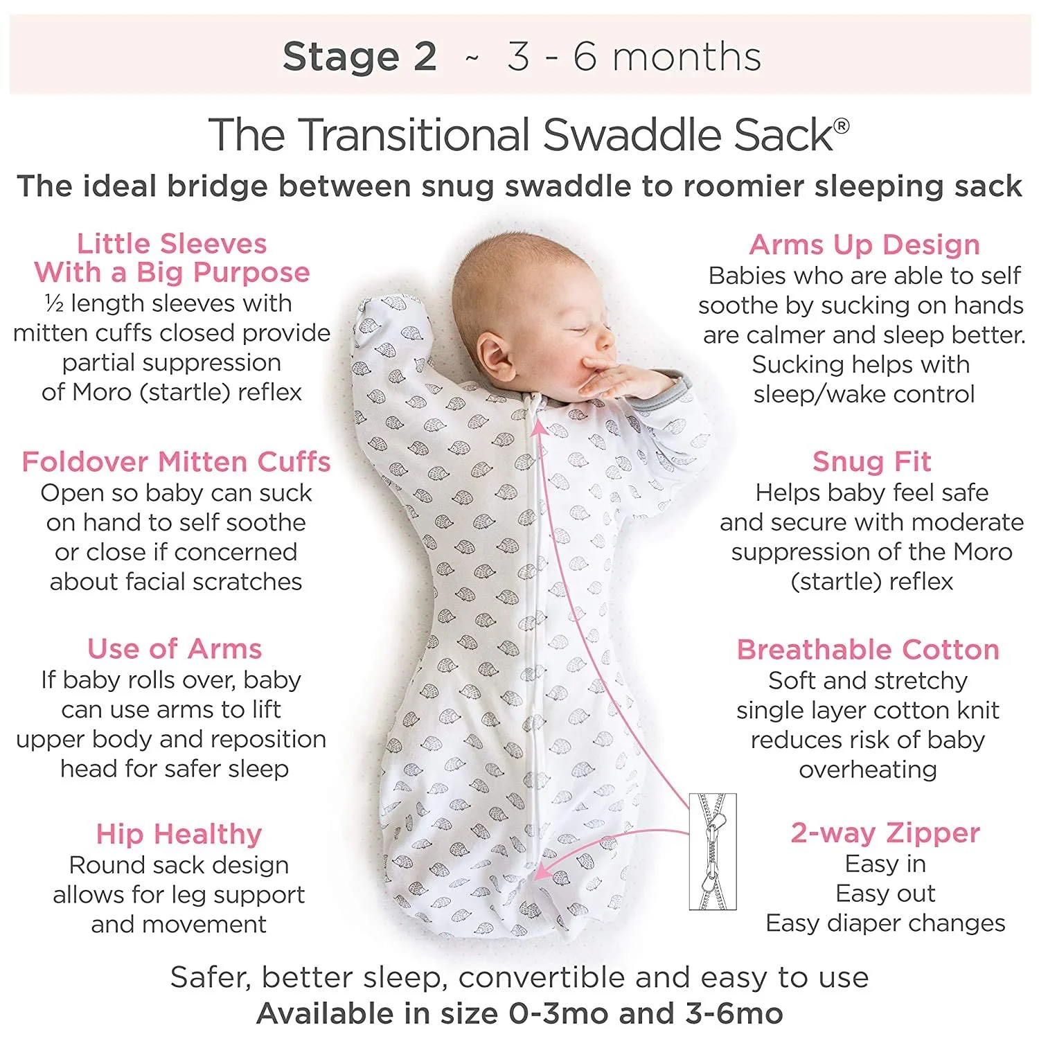 SwaddleDesigns Transitional Swaddle Sack with Arms Up Half-Length Sleeves and Mitten Cuffs, Tiny Triangles, Pink, Medium, 3-6mo, 14-21 lbs - Image 9