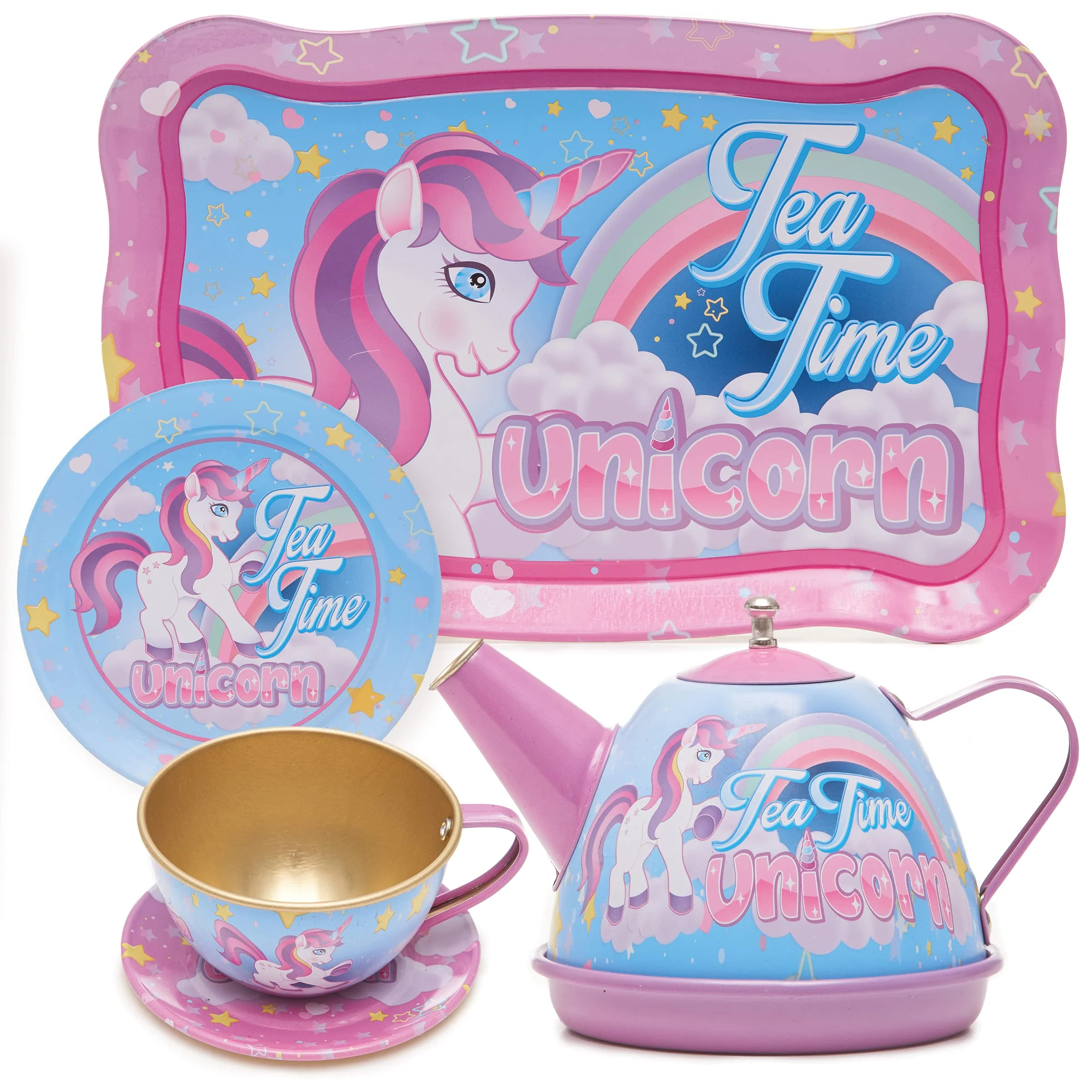 Tea Party Set, 14-Piece Unicorn for Toddler Girls - Princess Pretend Game Playset with Teapot, Cups, Saucers and Serving Tray - 3 Years Old and Up - Image 2
