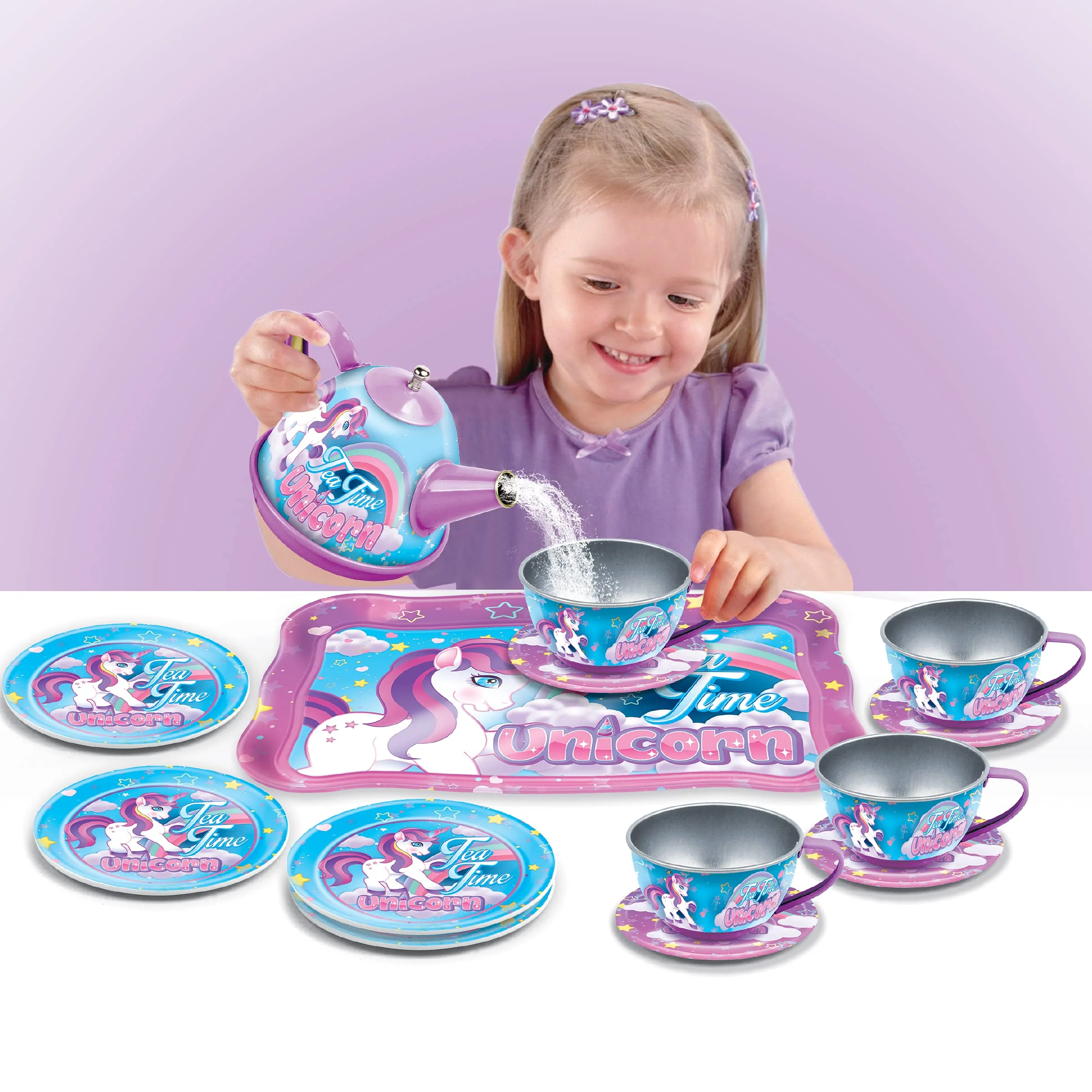 Tea Party Set, 14-Piece Unicorn for Toddler Girls - Princess Pretend Game Playset with Teapot, Cups, Saucers and Serving Tray - 3 Years Old and Up - Image 7