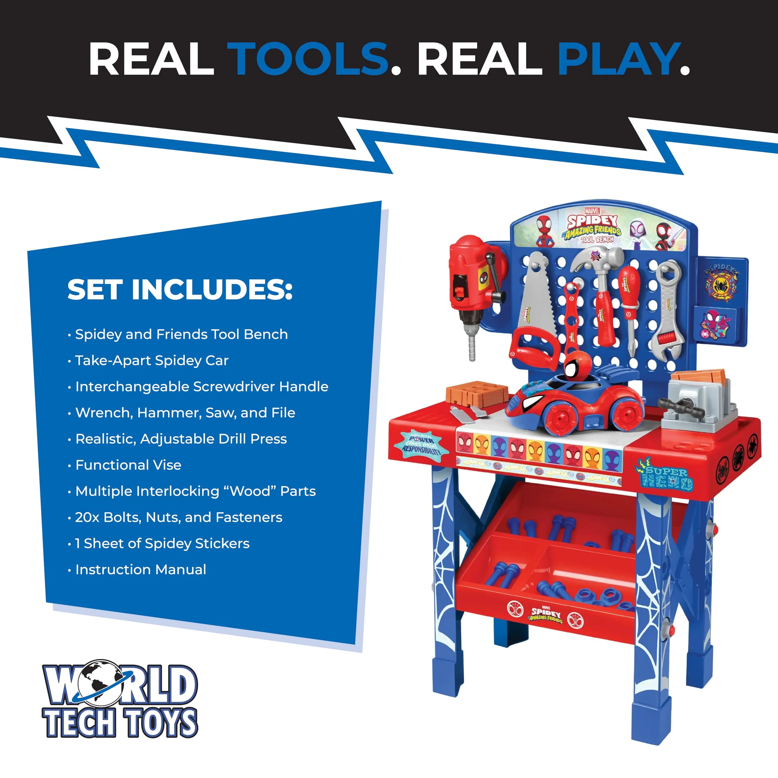 World Tech Toys Marvel Spidey and Amazing Friends Bench Set – Tool Bench Playset with Take Apart Car - Official Marvel Licensed Product (55 Pieces) - Image 4